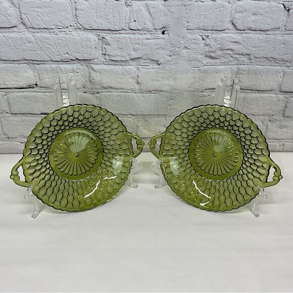 Vintage Indiana Glass Candy Dish Set of 2 Avocado Green Handles Round Honeycomb - Picture 4 of 5